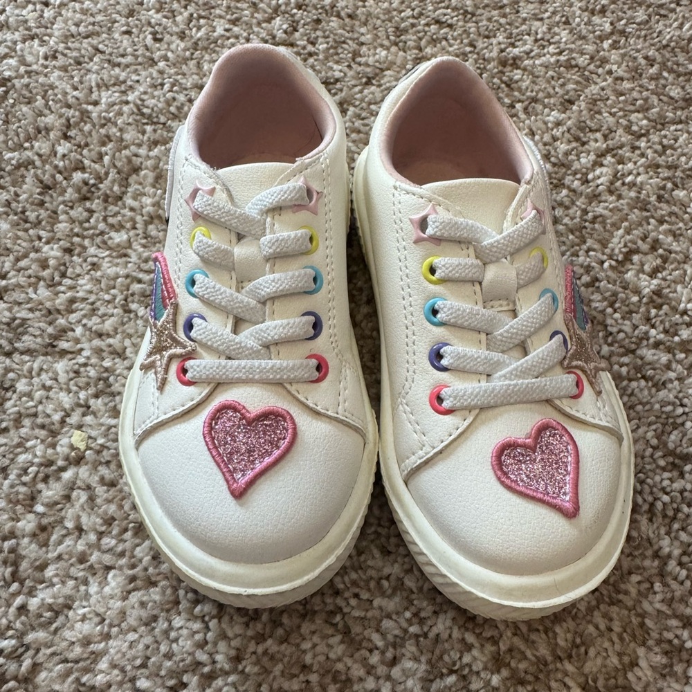 wonder nation White Sneakers with Pink Glitter Hearts and Rainbow Eyelets